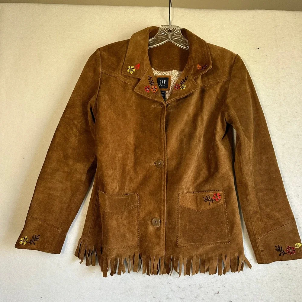 Gap Kids XXL 14-16 Brown Suede Fringe Western Jacket Floral Embroidered western